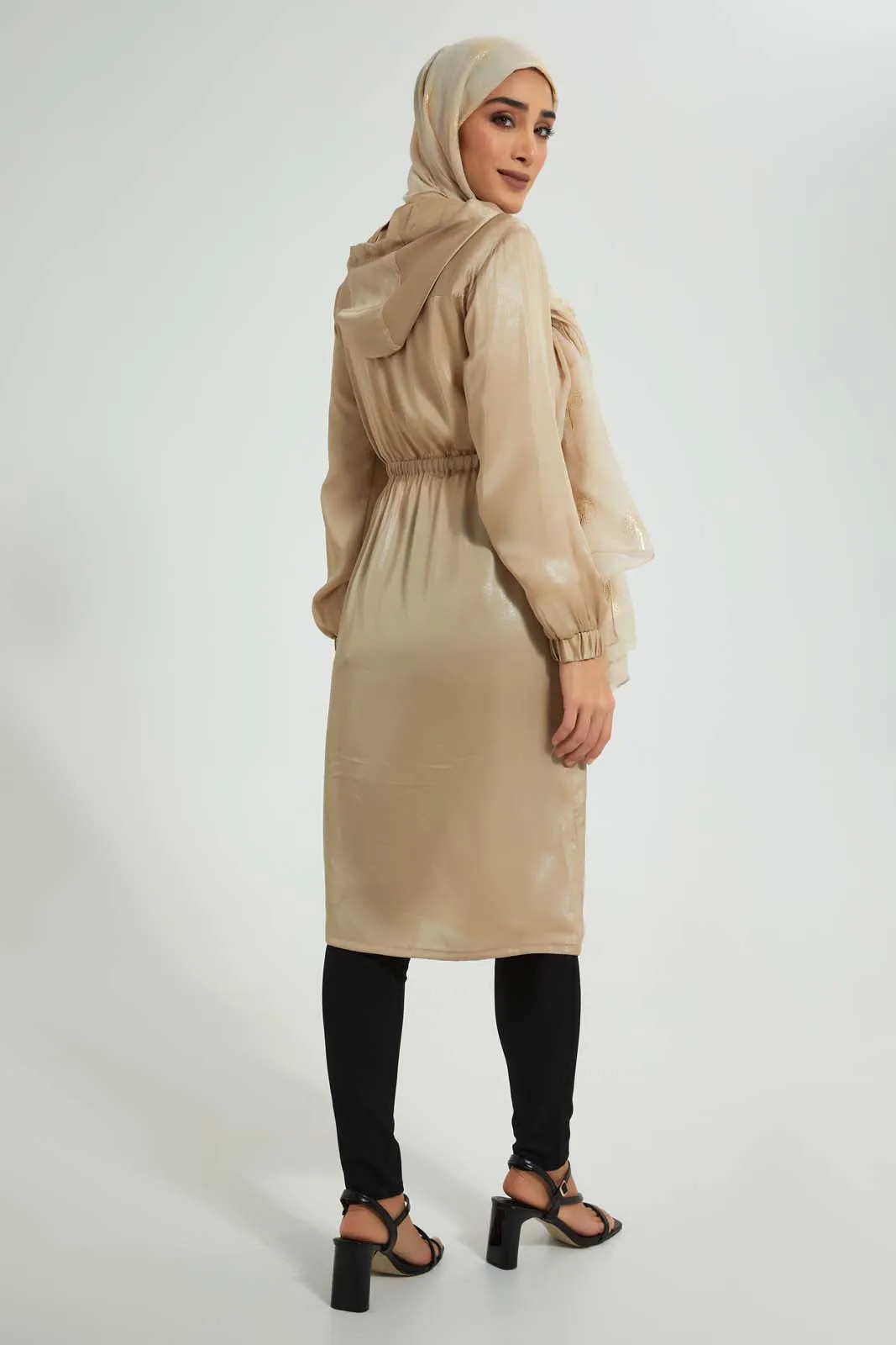 Beige Hooded Shimmery Long Line Jacket