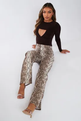 Beige PU Snake Print Leather Straight Leg Trousers - Jodie