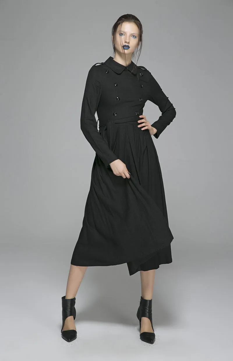 Black linen dress woman long sleeve dress custom made day dress 1405#