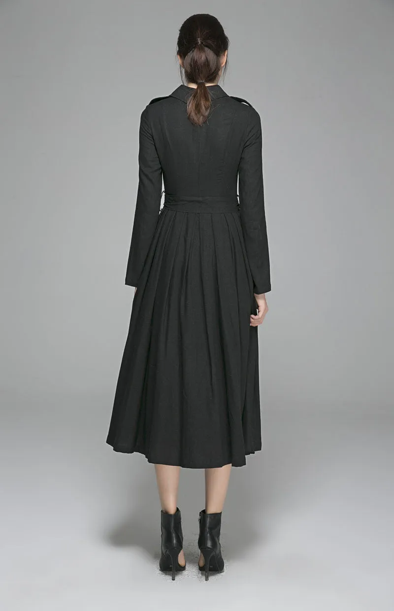 Black linen dress woman long sleeve dress custom made day dress 1405#