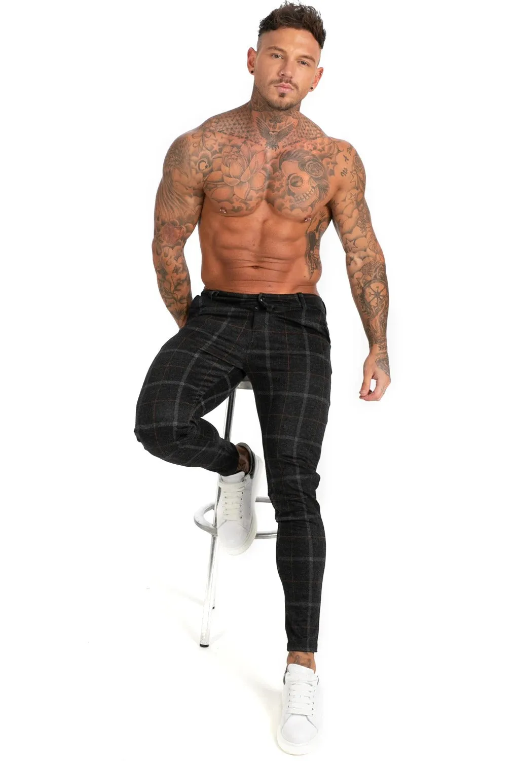 Black Plaid Stretch Chinos