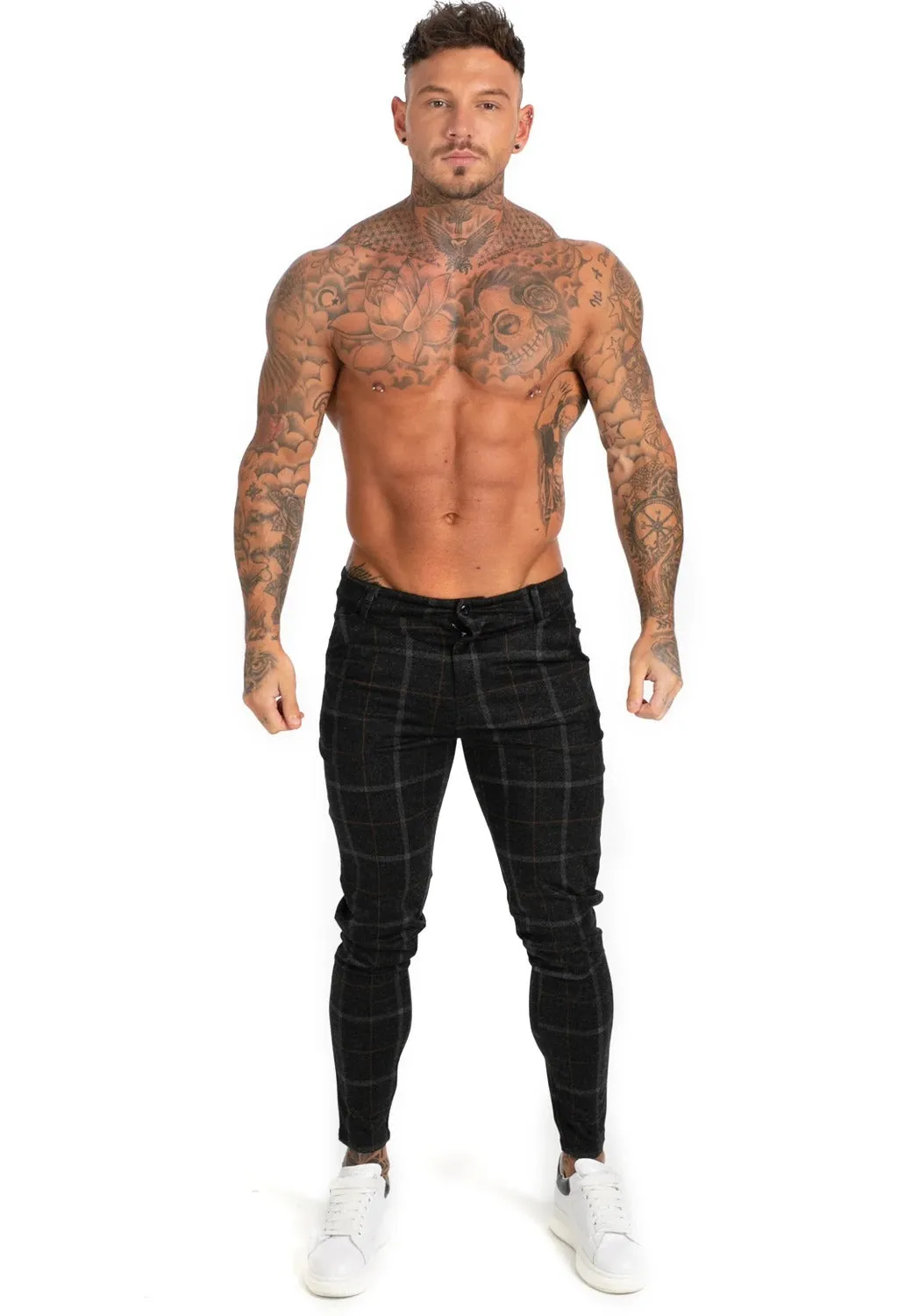 Black Plaid Stretch Chinos