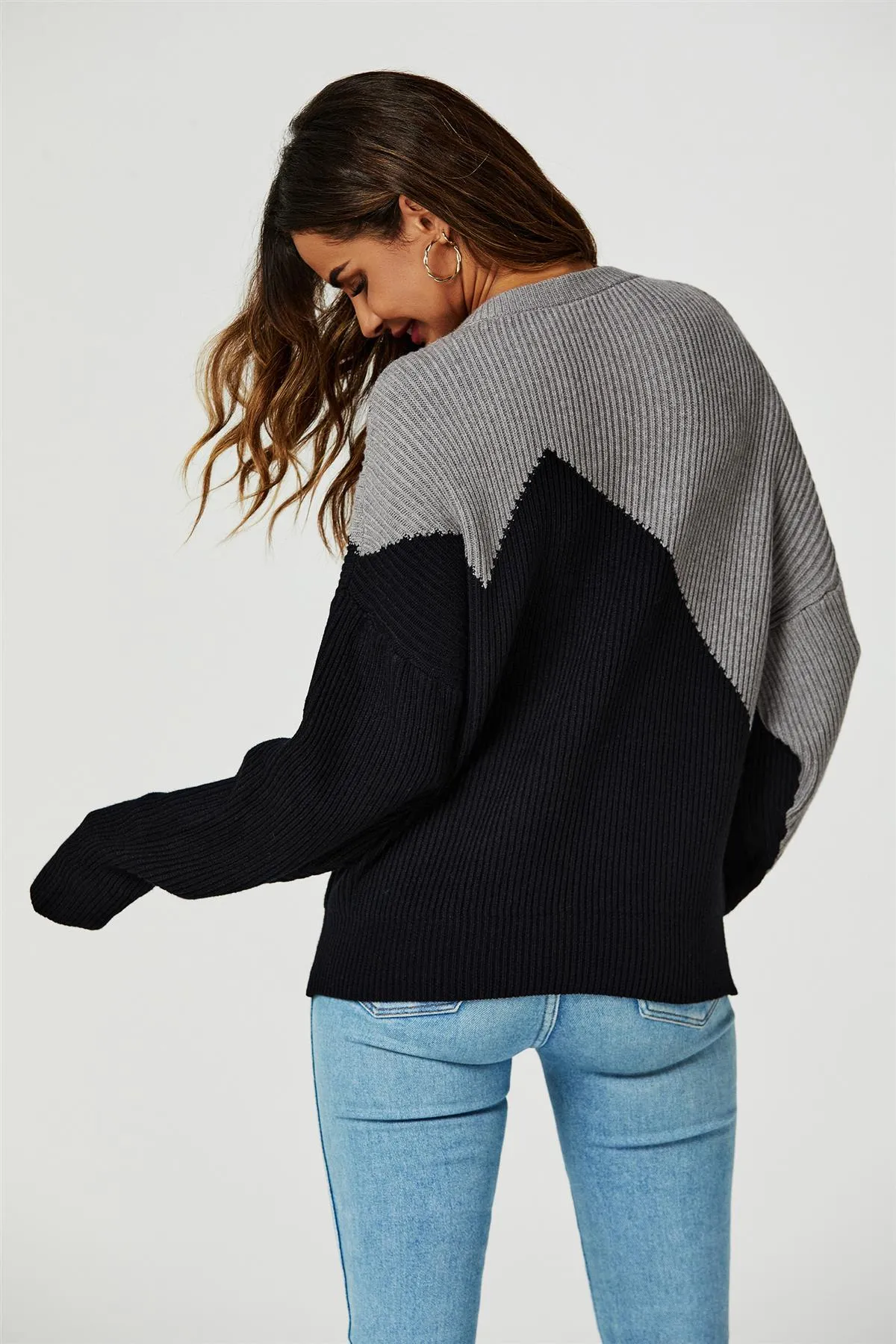 Block Colour Relaxed Knit Jumper Top In Grey & Black