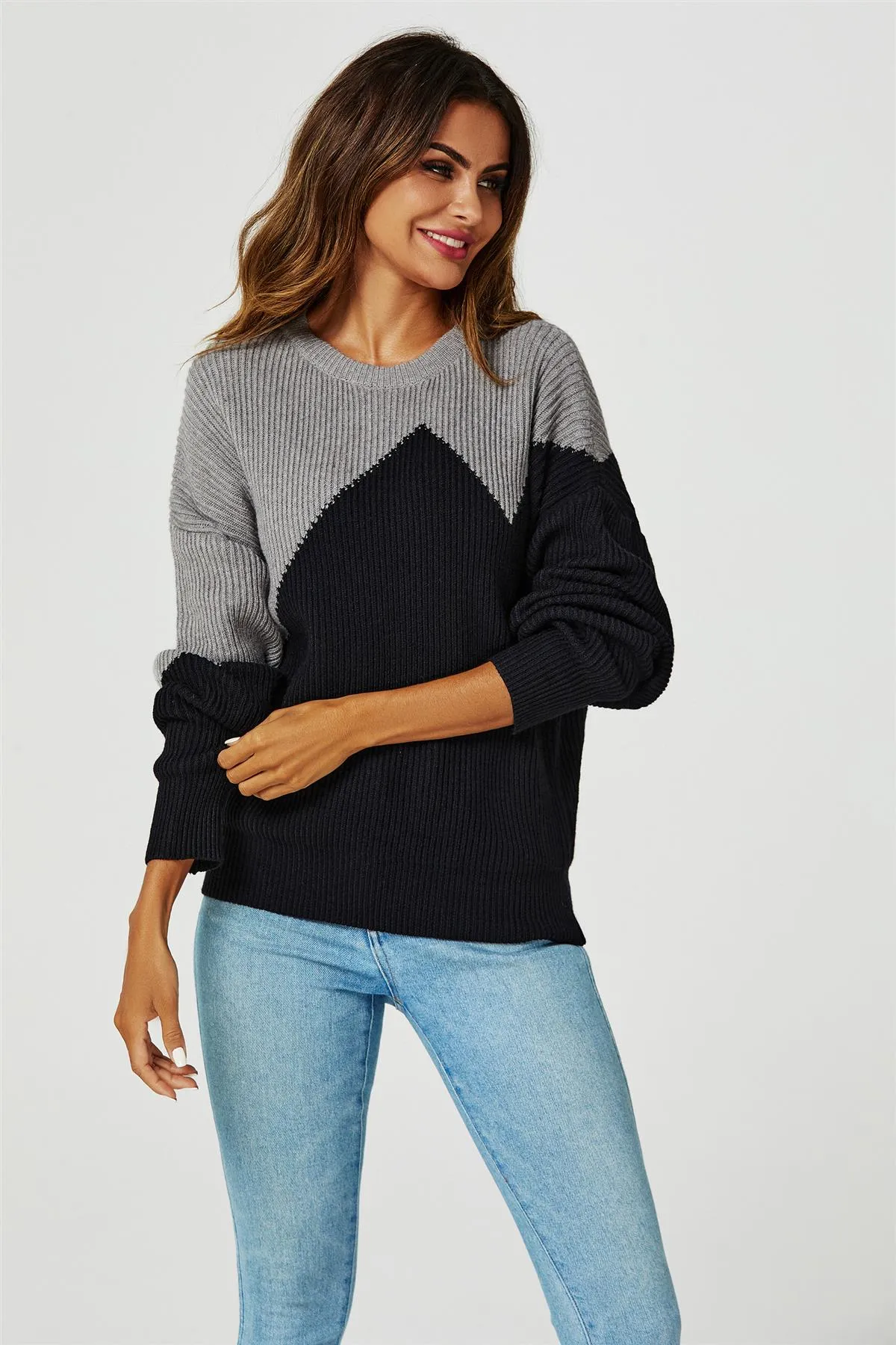 Block Colour Relaxed Knit Jumper Top In Grey & Black