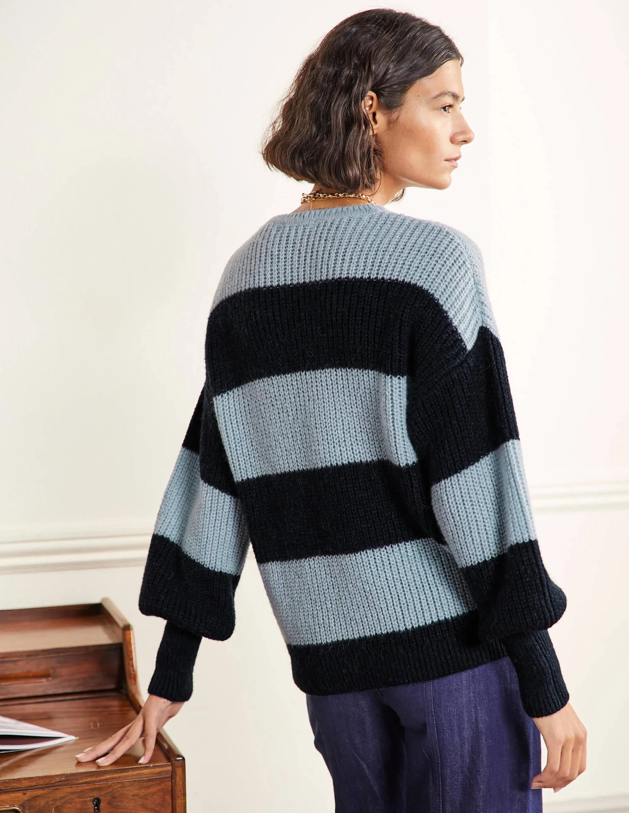 Blouson Cuff Fluffy Jumper-Blue Multistripe