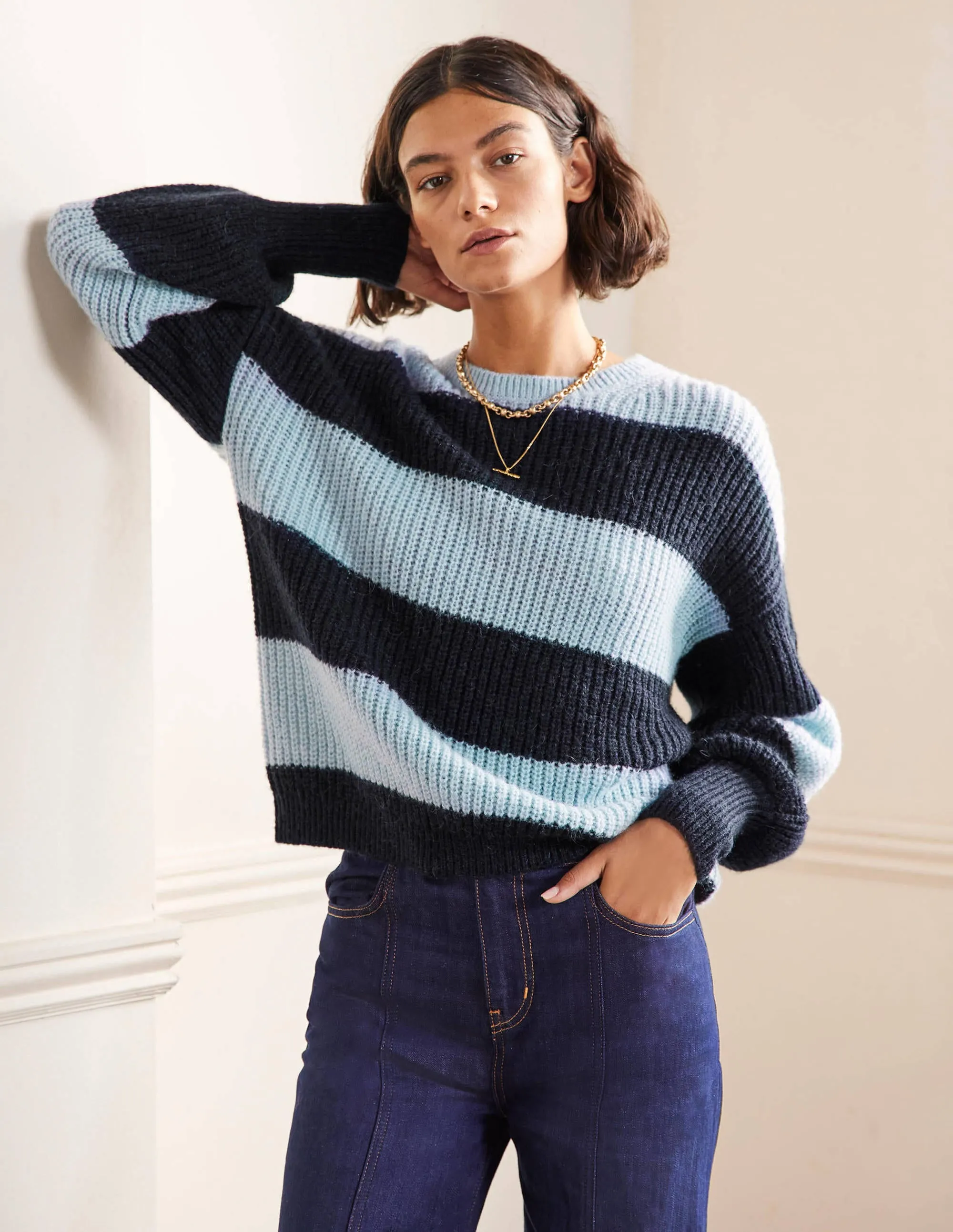 Blouson Cuff Fluffy Jumper-Blue Multistripe