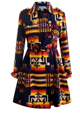 BLUE TRIBAL PRINT TRENCH COAT DRESS