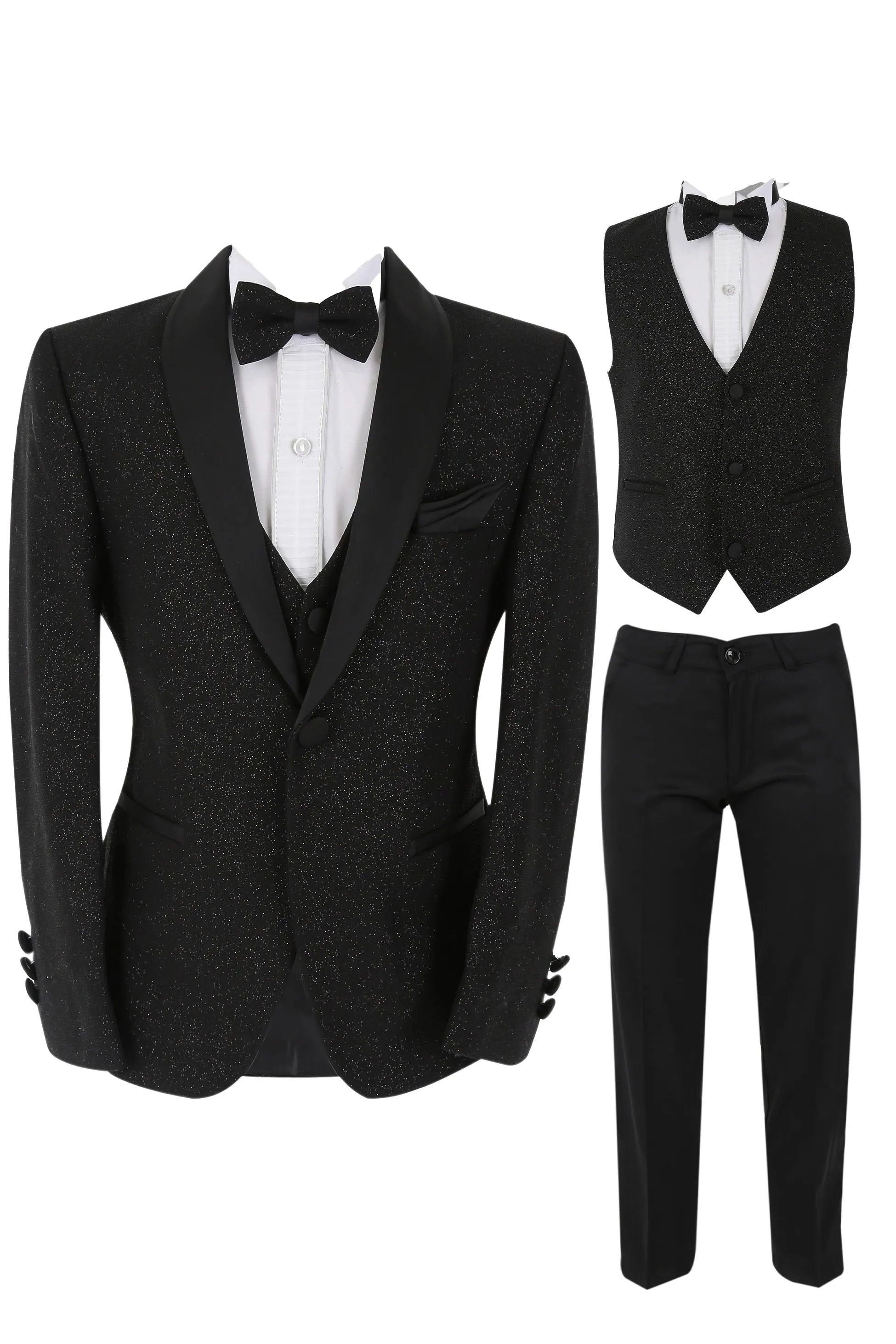 Boys Shimmer Tuxedo Dinner 6 Piece Suit Set - Black