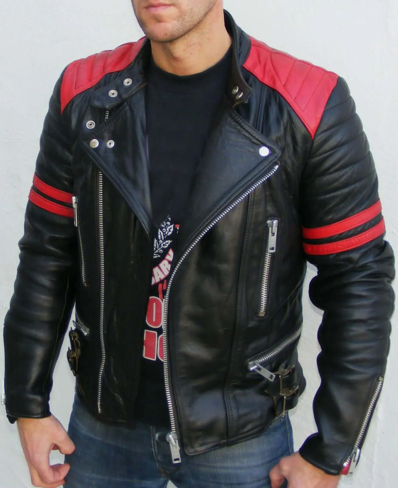 Brando Men's Black & Red Padded Power Shoulders Biker Genuine Leather Jacket