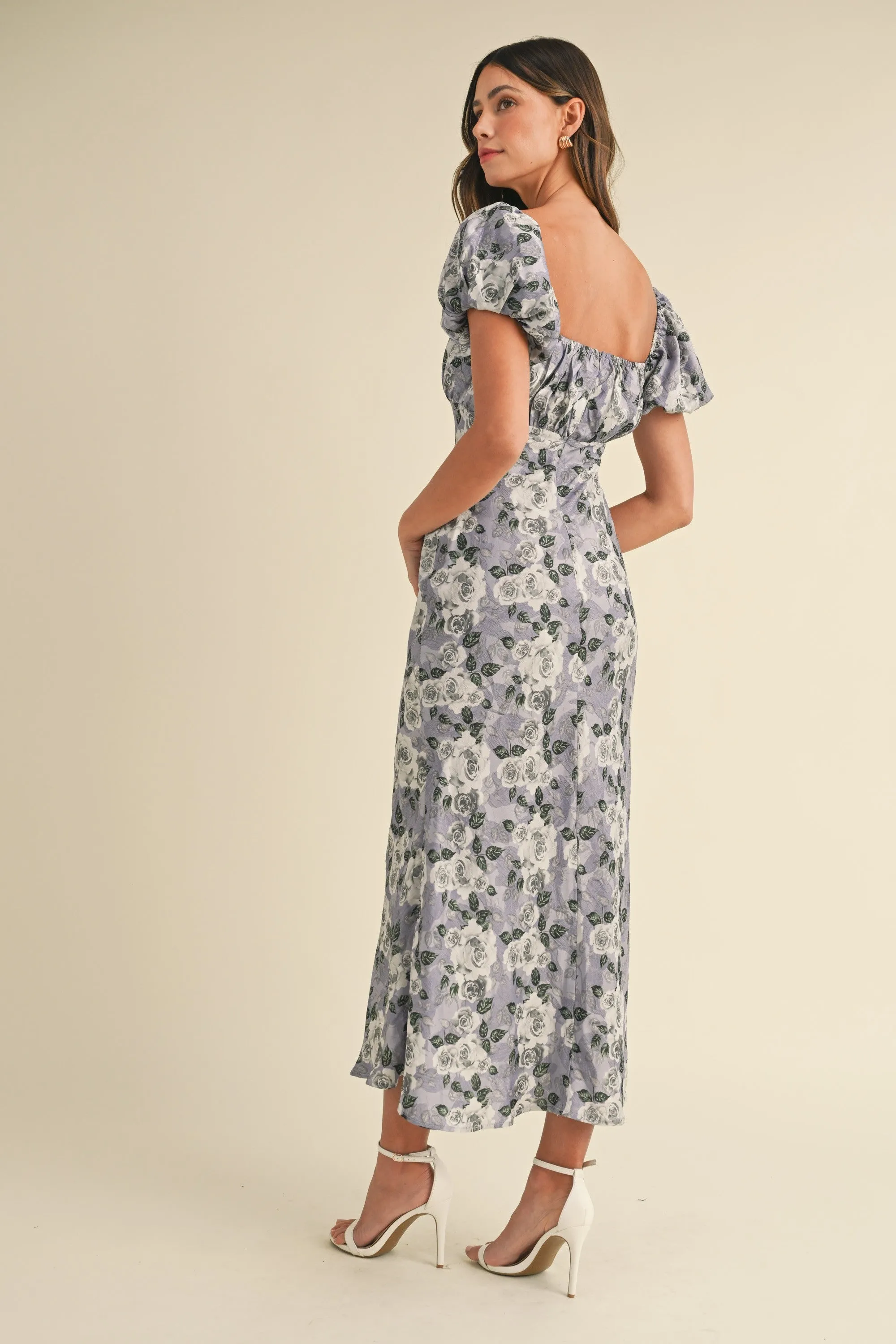 Brielle Puff Sleeve Floral Mermaid Midi Dress - Lavender