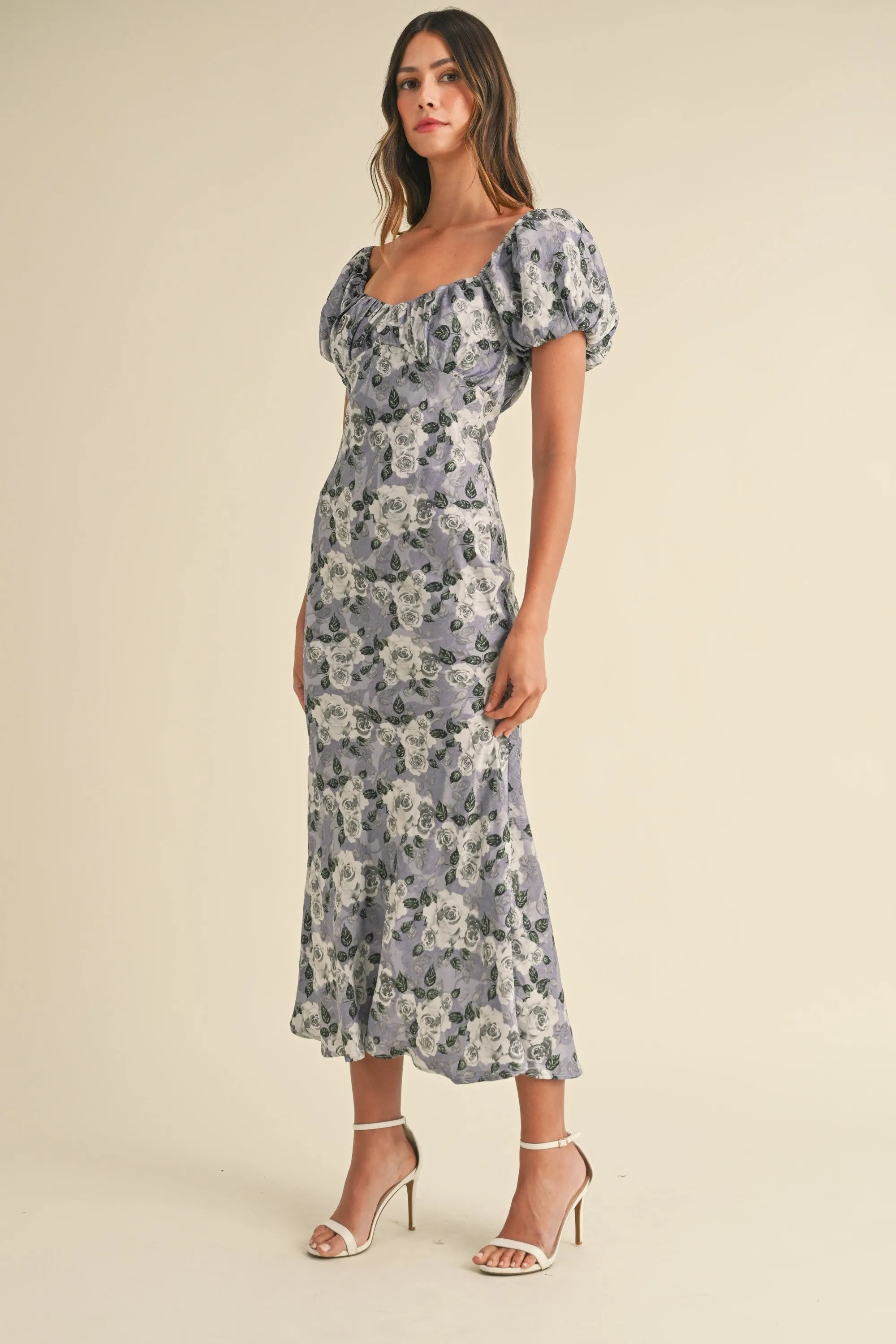 Brielle Puff Sleeve Floral Mermaid Midi Dress - Lavender