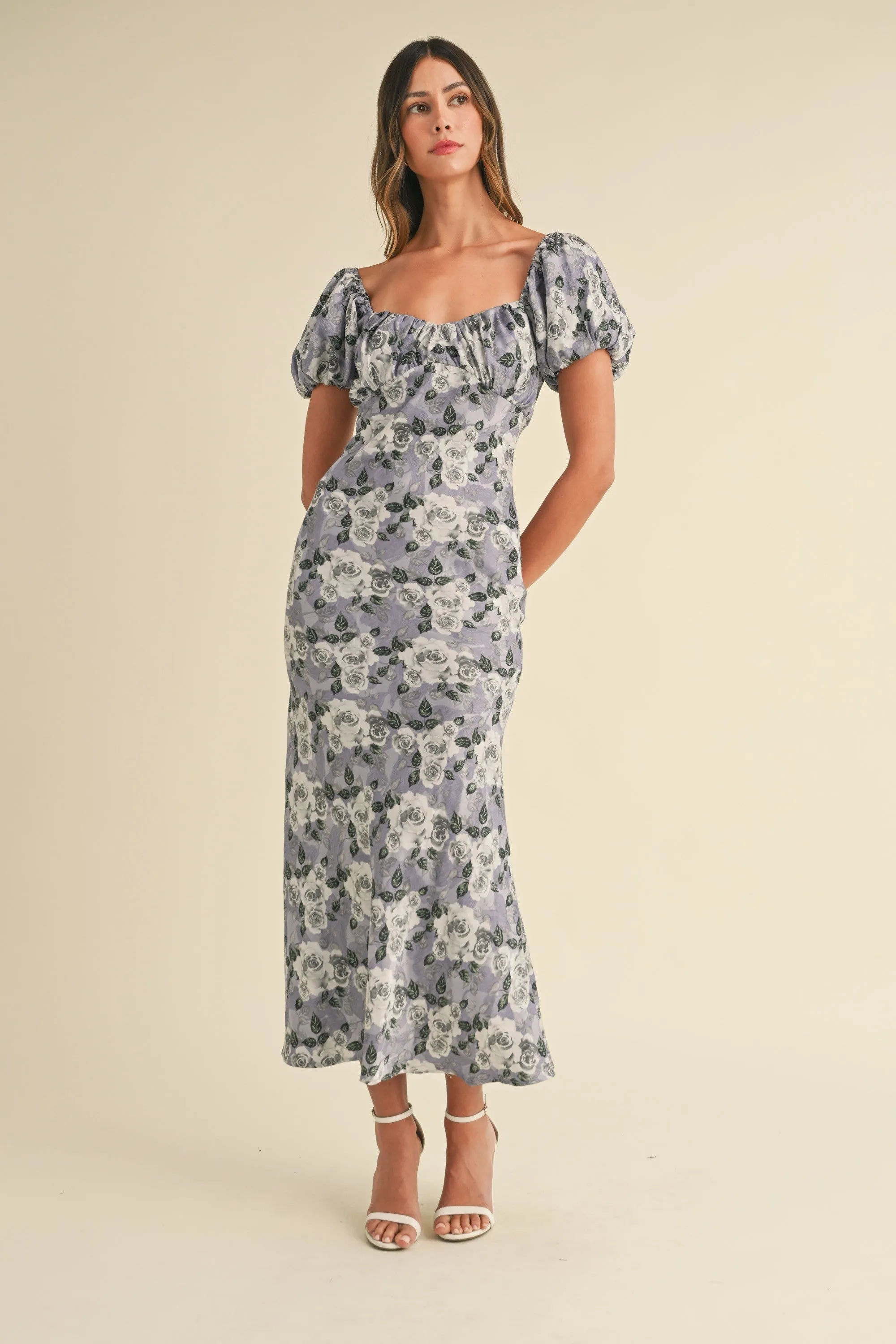 Brielle Puff Sleeve Floral Mermaid Midi Dress - Lavender