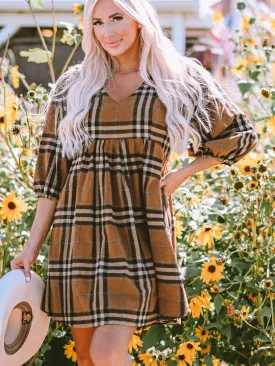 Brown Plaid Print Empire Waist Mini Dress