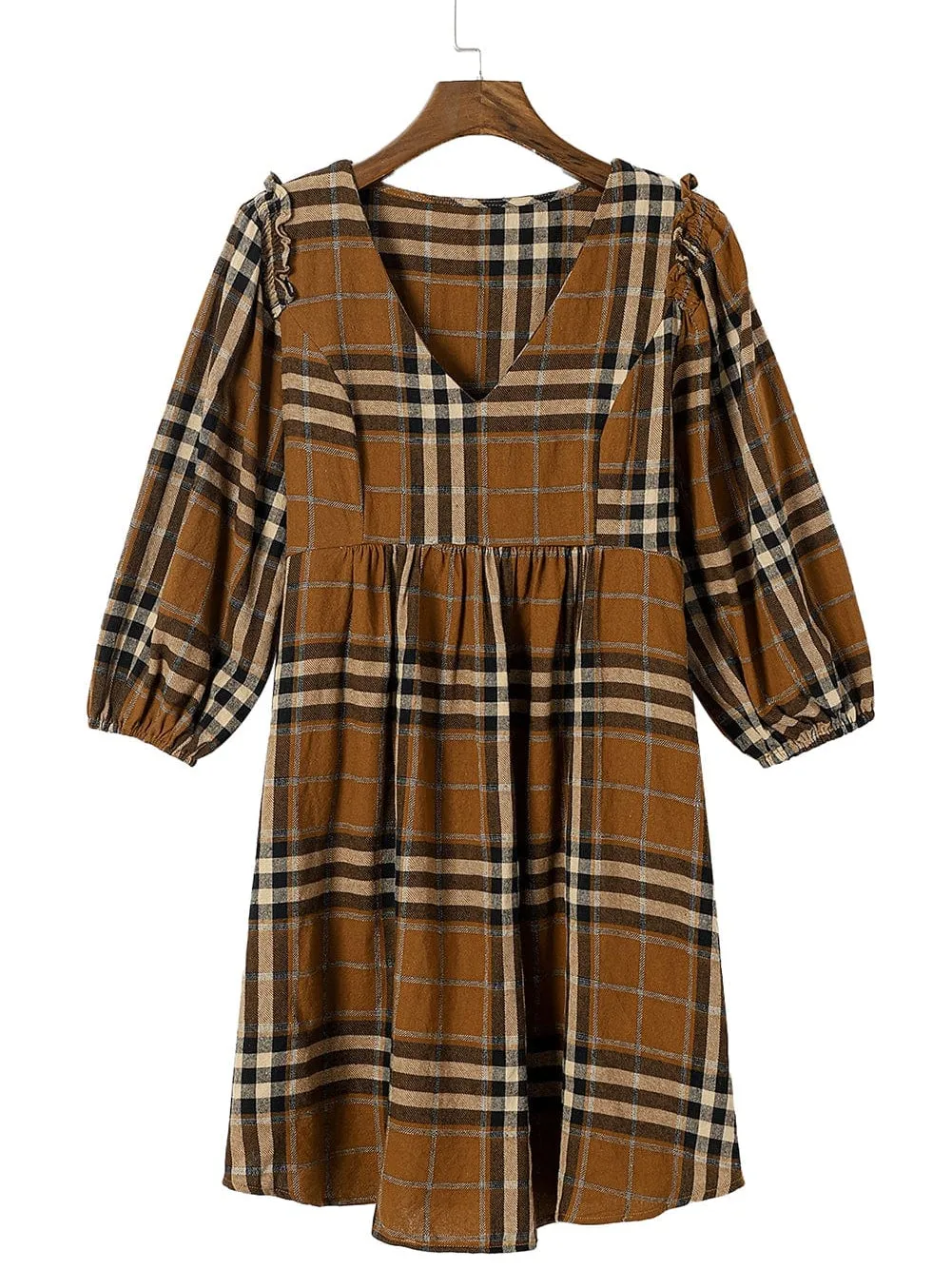 Brown Plaid Print Empire Waist Mini Dress