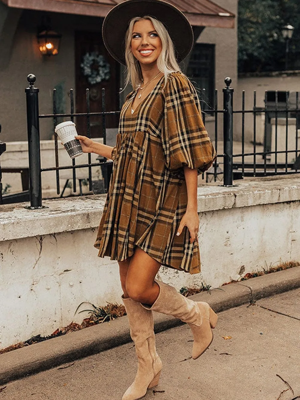 Brown Plaid Print Empire Waist Mini Dress