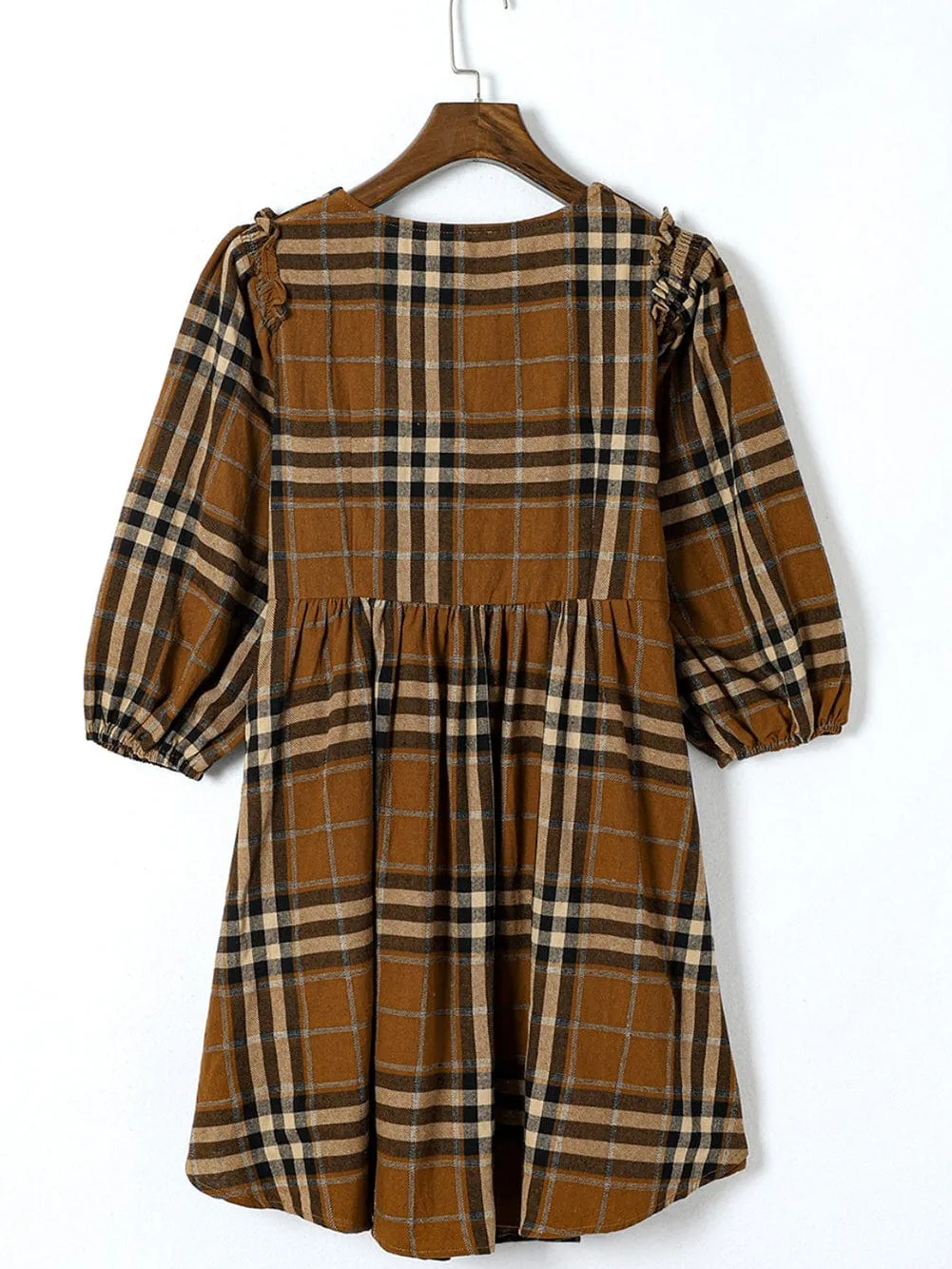 Brown Plaid Print Empire Waist Mini Dress