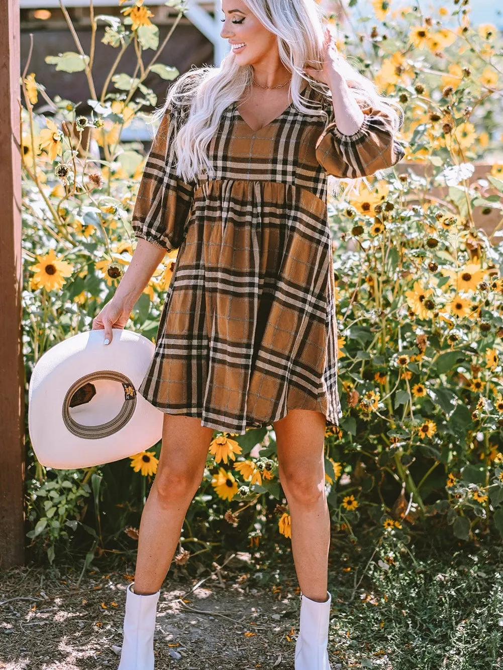 Brown Plaid Print Empire Waist Mini Dress