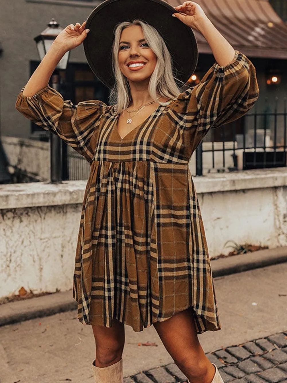 Brown Plaid Print Empire Waist Mini Dress