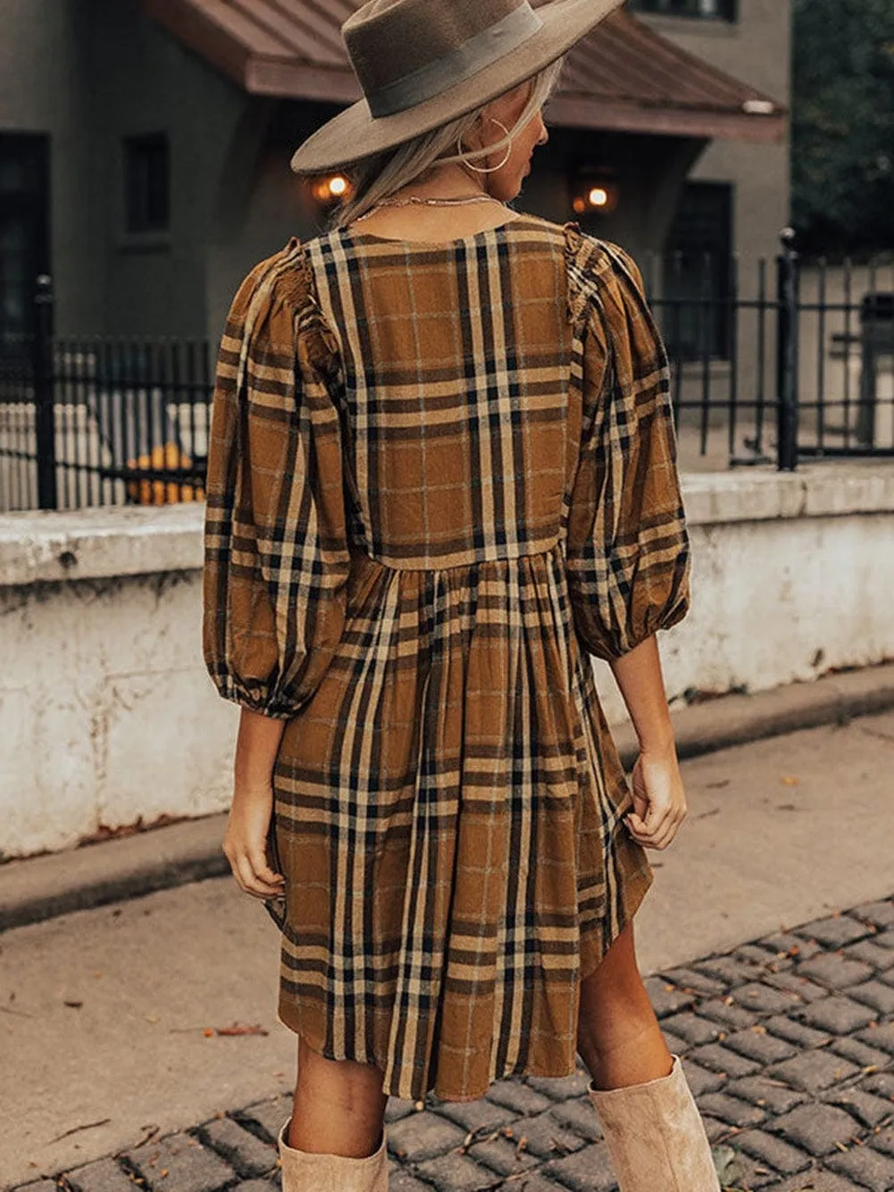 Brown Plaid Print Empire Waist Mini Dress