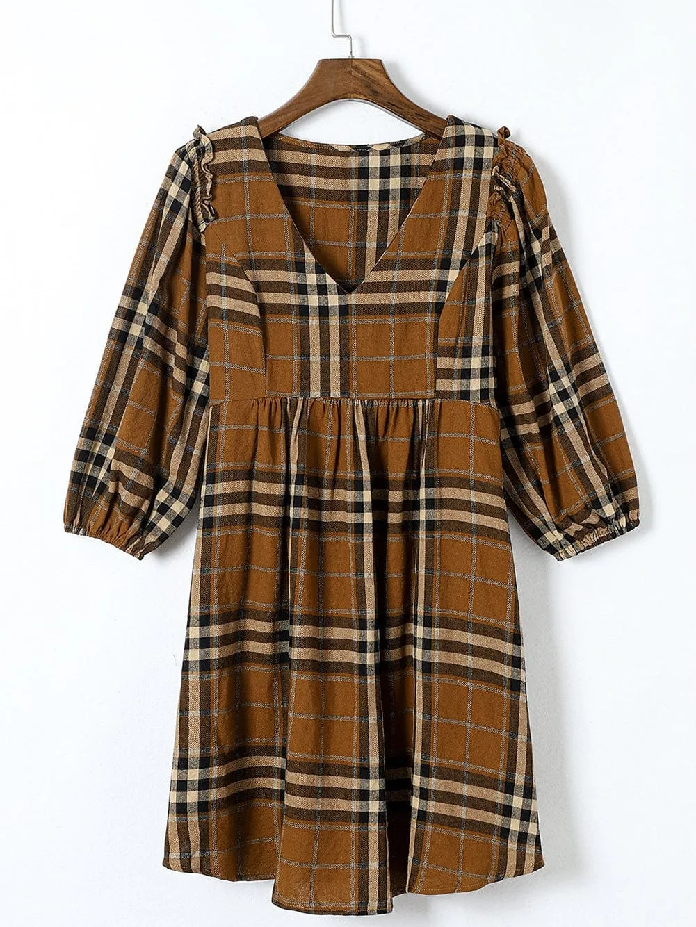 Brown Plaid Print Empire Waist Mini Dress