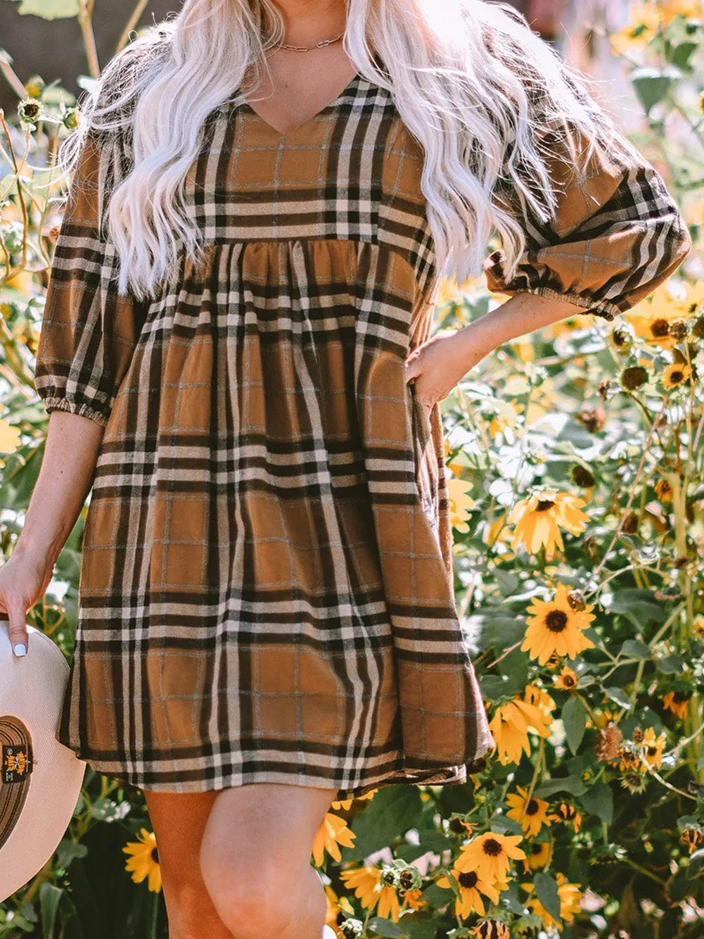 Brown Plaid Print Empire Waist Mini Dress