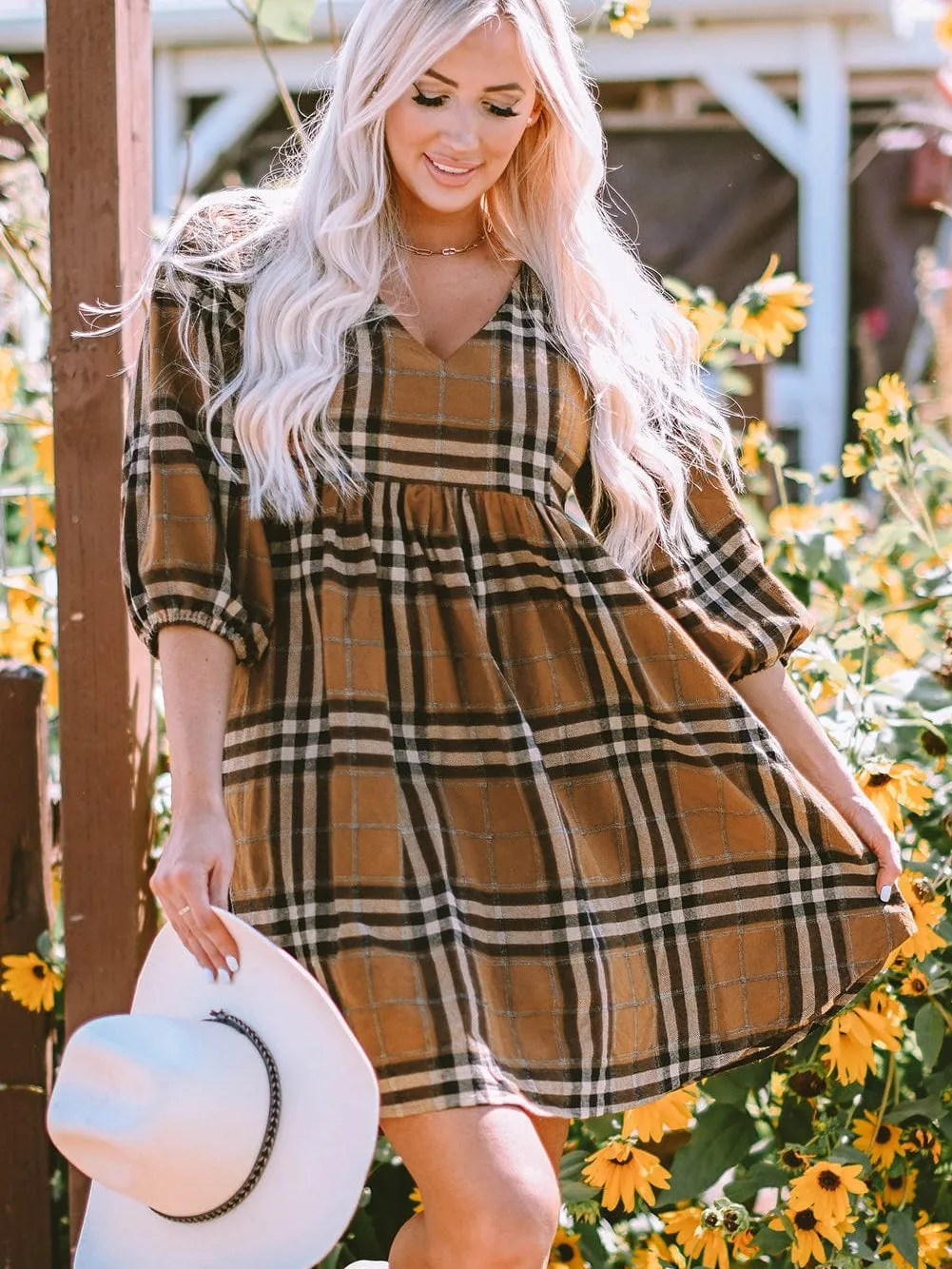 Brown Plaid Print Empire Waist Mini Dress