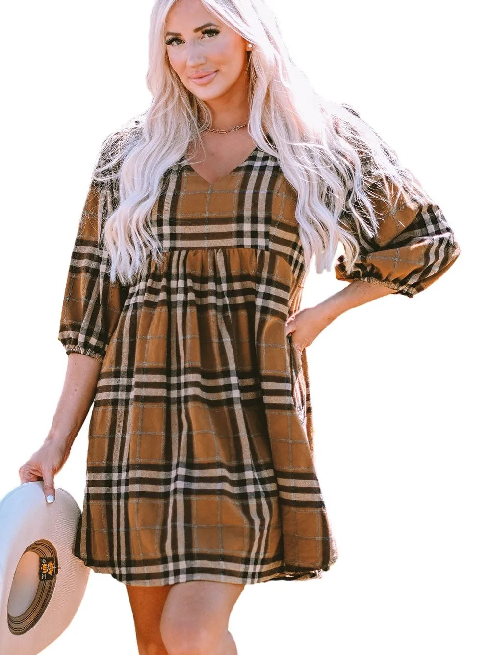 Brown Plaid Print Empire Waist Mini Dress