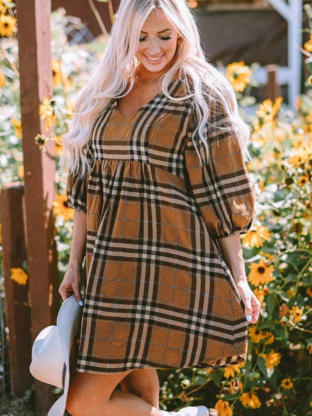 Brown Plaid Print Empire Waist Mini Dress