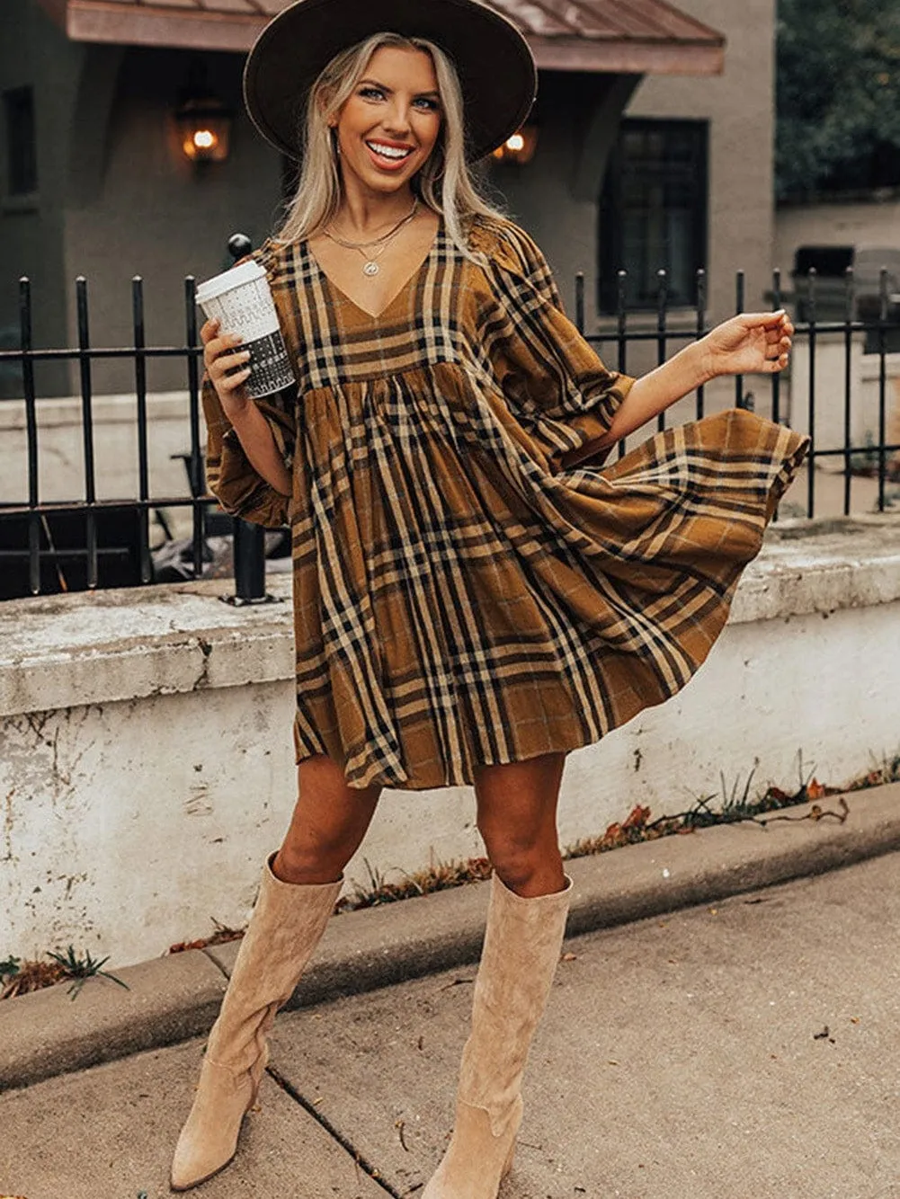 Brown Plaid Print Empire Waist Mini Dress