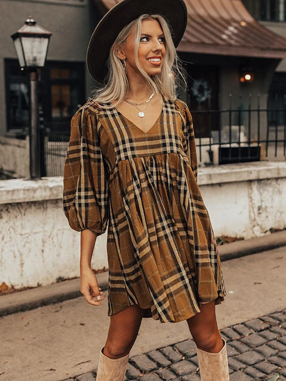 Brown Plaid Print Empire Waist Mini Dress