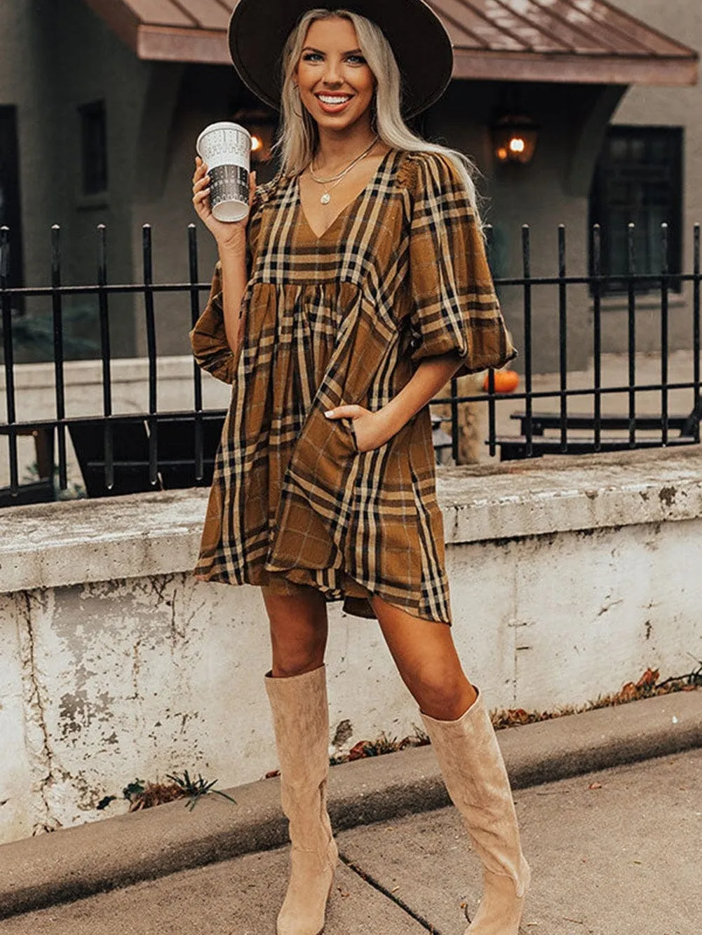 Brown Plaid Print Empire Waist Mini Dress