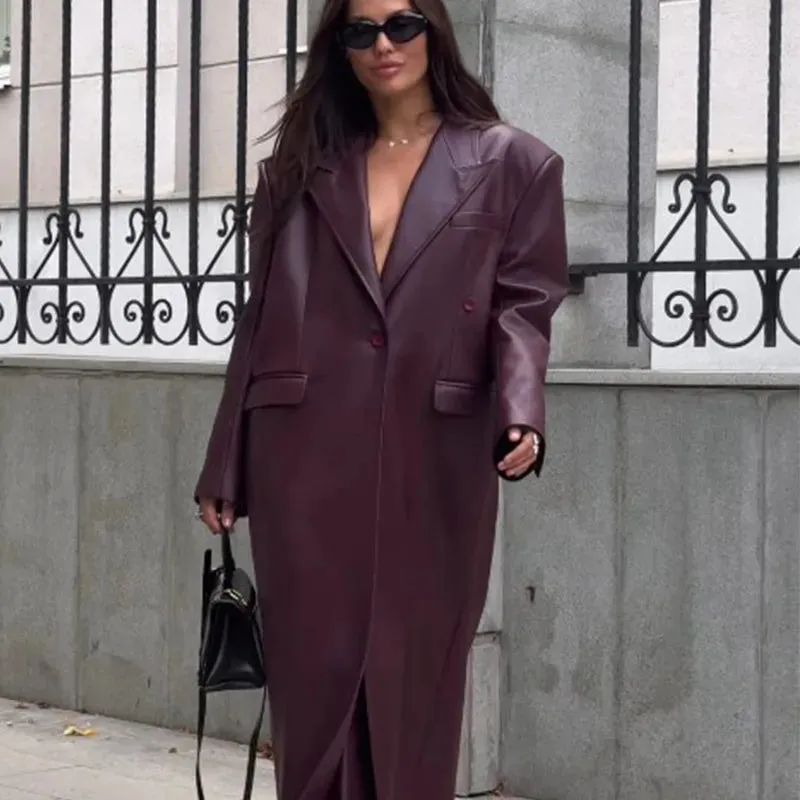 Burgundy Megan long faux leather trench coat and leather biker jacket Short Leather coat