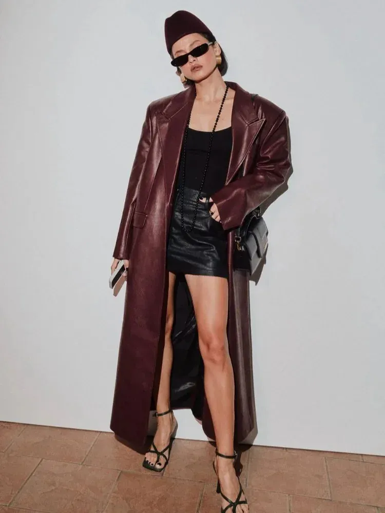 Burgundy Megan long faux leather trench coat and leather biker jacket Short Leather coat