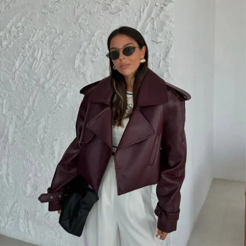 Burgundy Megan long faux leather trench coat and leather biker jacket Short Leather coat