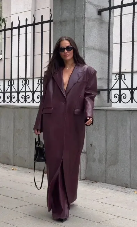 Burgundy Megan long faux leather trench coat and leather biker jacket Short Leather coat