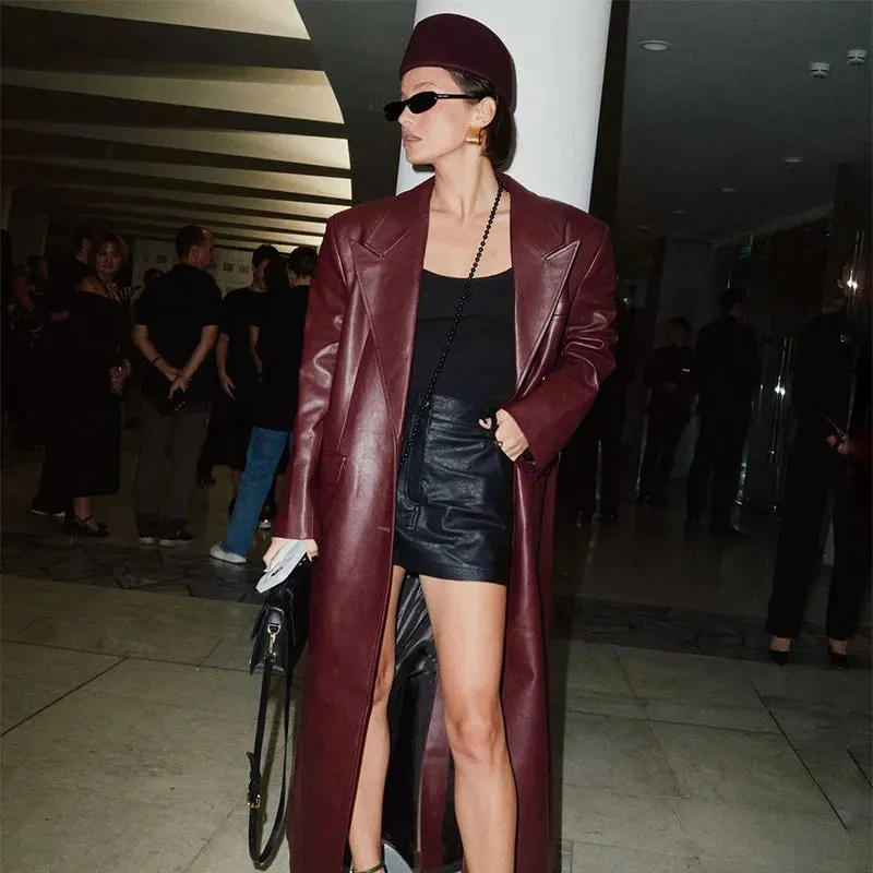 Burgundy Megan long faux leather trench coat and leather biker jacket Short Leather coat