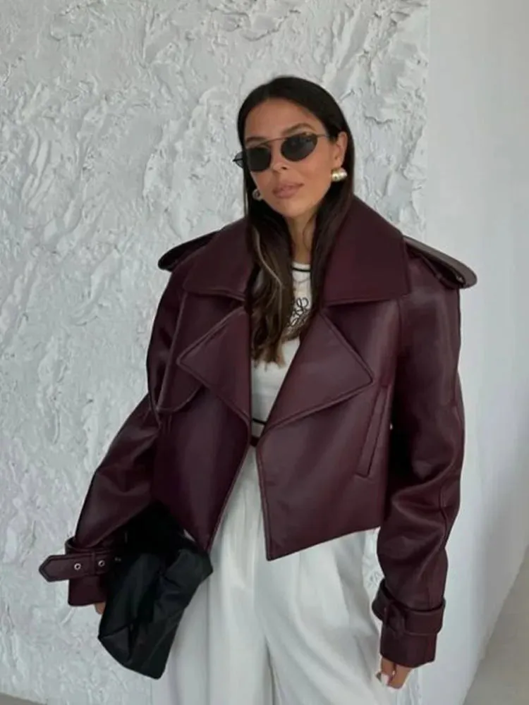 Burgundy Megan long faux leather trench coat and leather biker jacket Short Leather coat