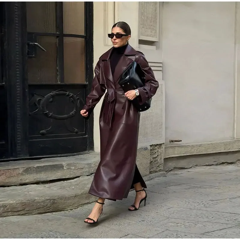 Burgundy Megan long faux leather trench coat and leather biker jacket Short Leather coat