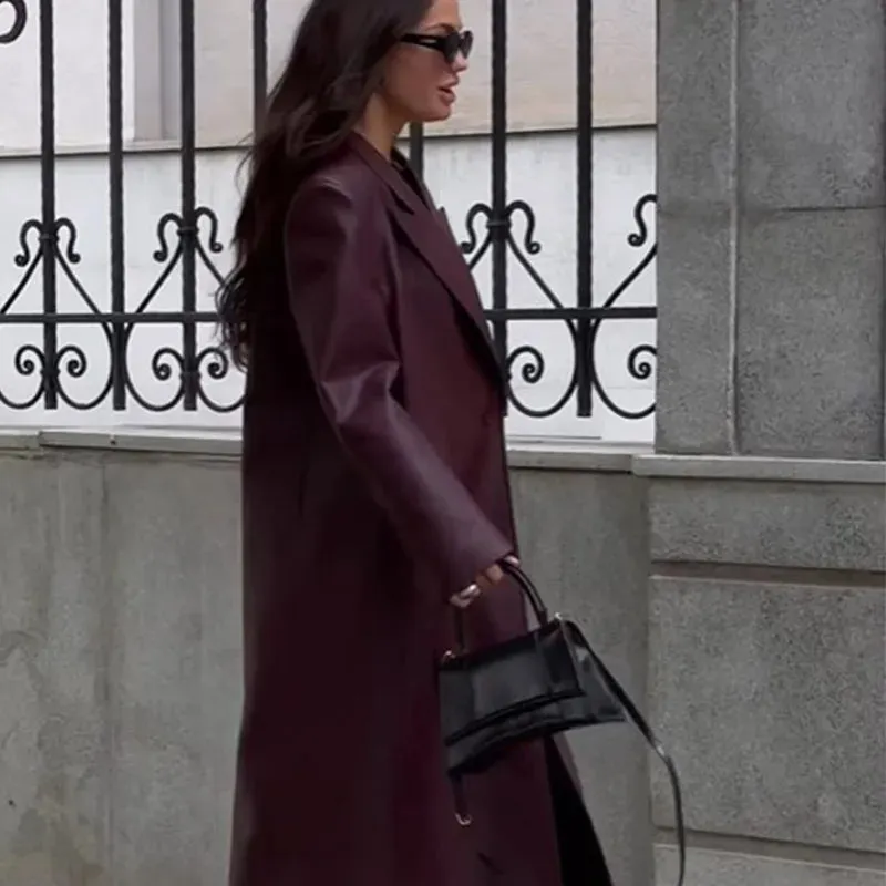 Burgundy Megan long faux leather trench coat and leather biker jacket Short Leather coat