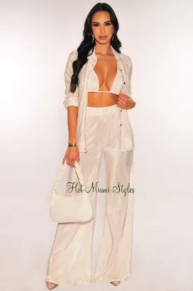 Champagne Shimmery Ribbed Halter Triangle Cut Top High Waist Wide Leg Pants Long Sleeves Button Down Three Piece Set