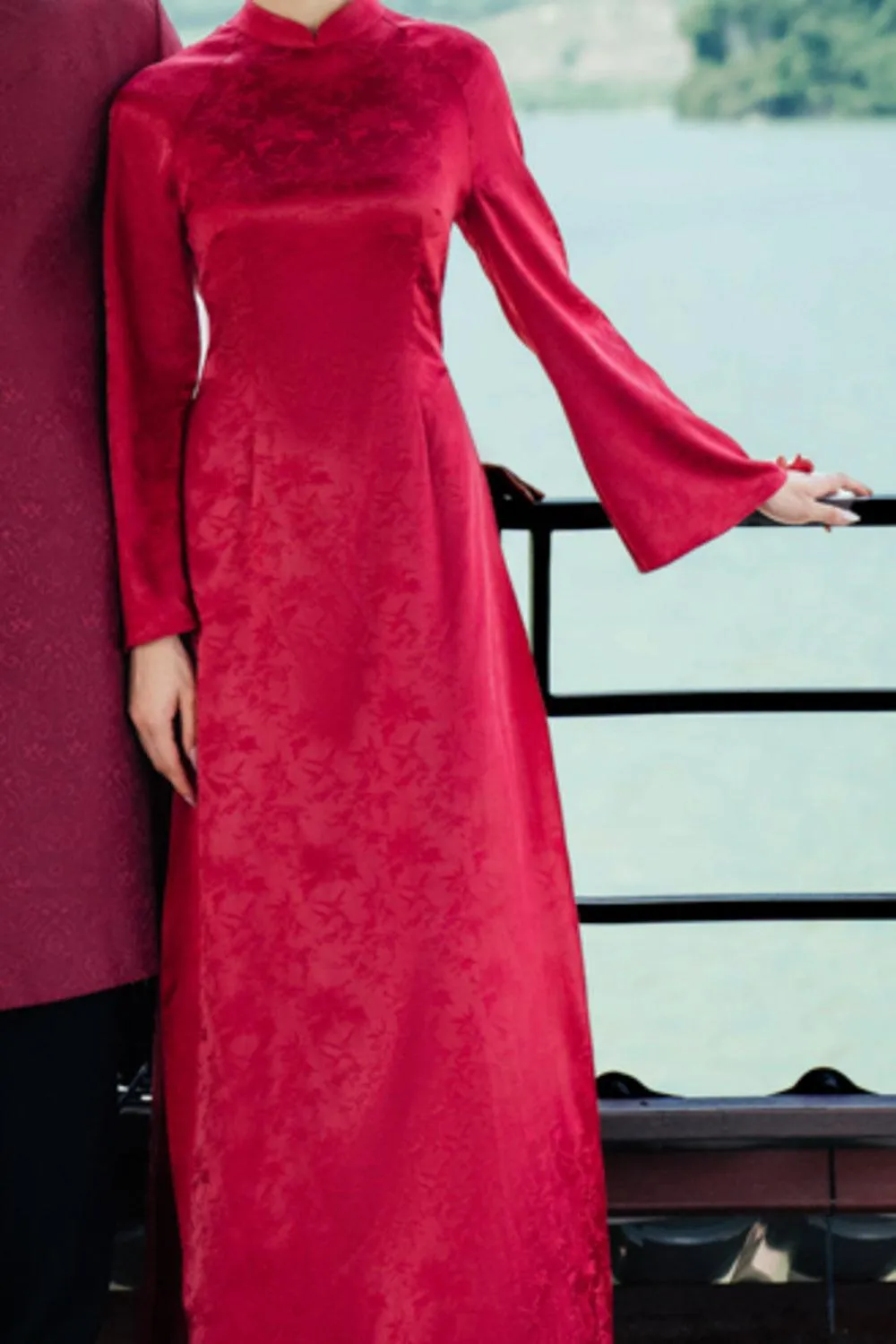 Chau Cuc A-line Mandarin Neck Synthetic Silk Floor Length Ao Dai