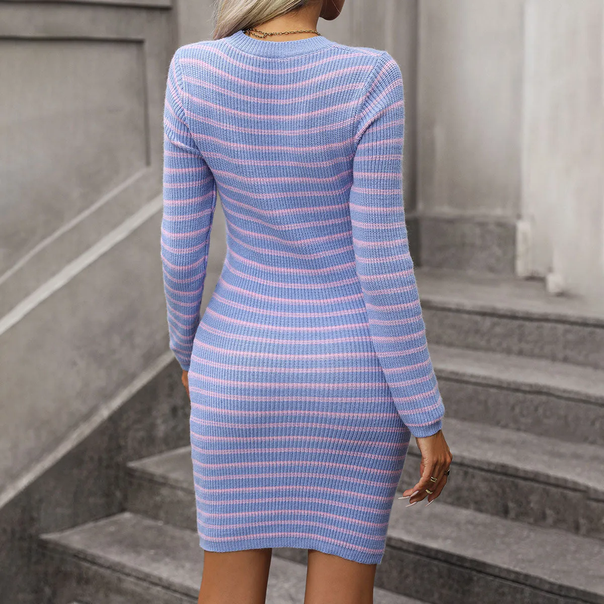 Chic Winter Crew Neck Long Sleeve Bodycon Striped Mini Sweater Dress