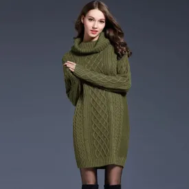 Chunky Cowl Neck Drop Shoulder Fisherman Cable Knit Mini Sweater Dress