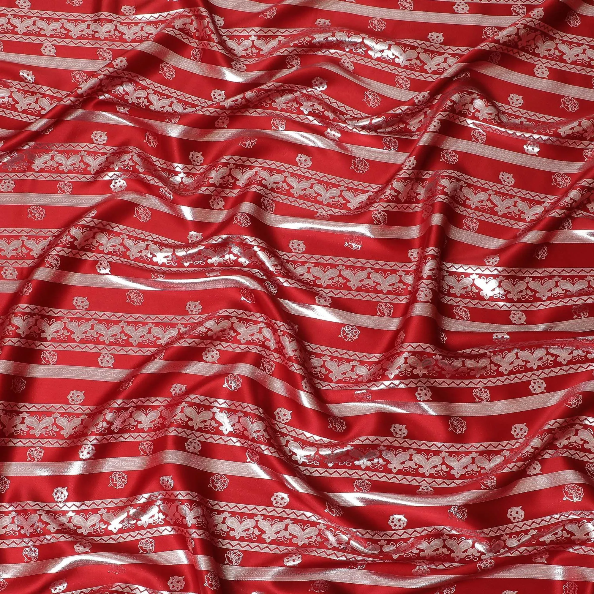 Crimson red pure silk satin fabric with same tone and silver film metallic in stripe design-D11052