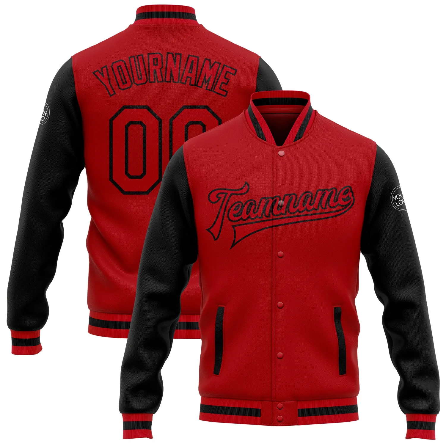 Custom Red Red-Black Bomber Full-Snap Varsity Letterman Two Tone Jacket