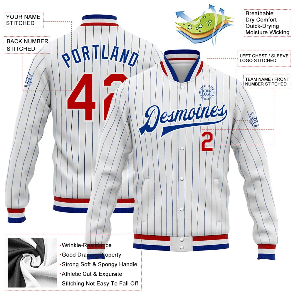 Custom White Royal Pinstripe Red Bomber Full-Snap Varsity Letterman Jacket