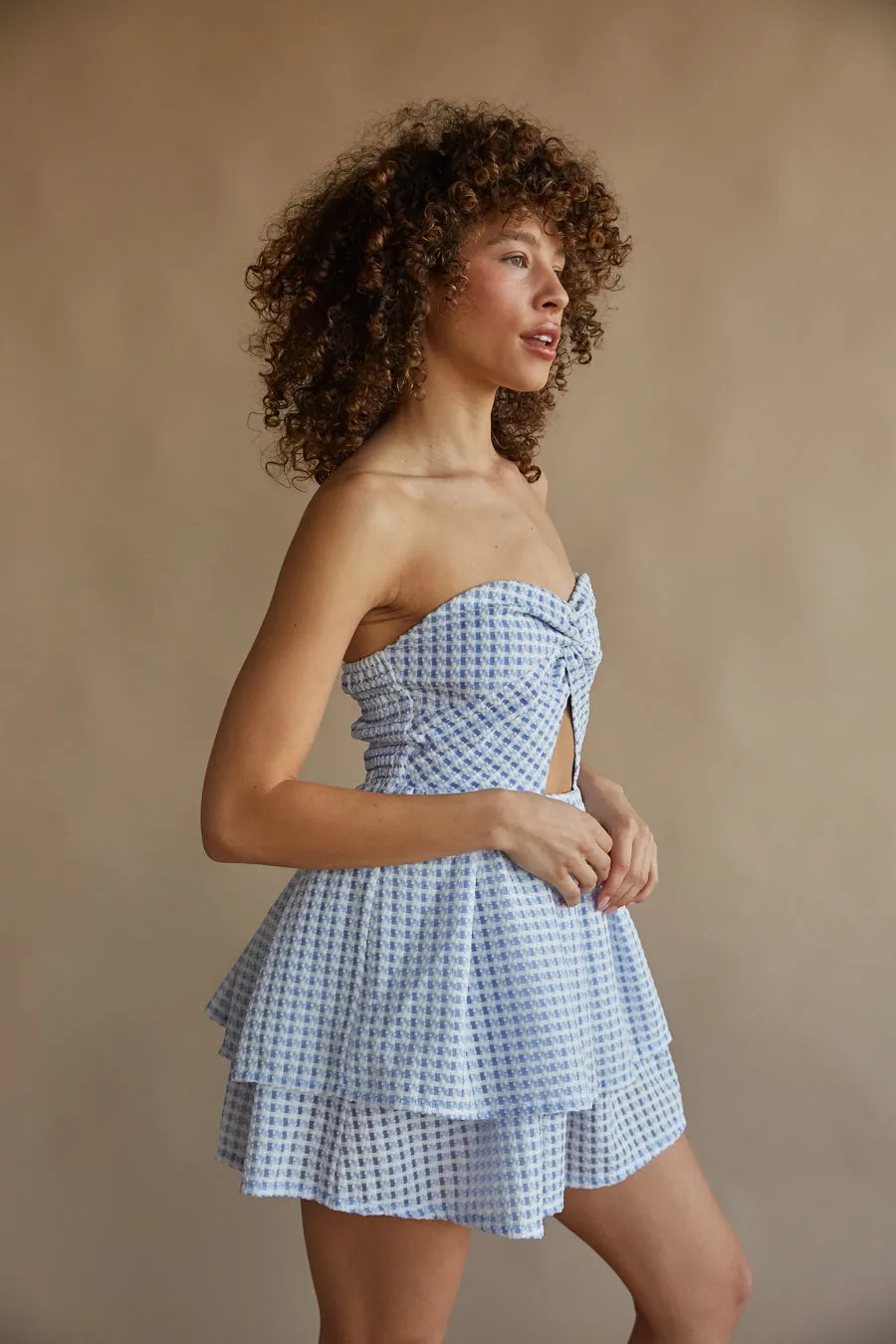 Darla Gingham Strapless Twist Front Babydoll Mini Dress