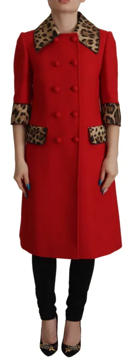 Dolce & Gabbana Red Leopard Wool Trenchcoat Jacket