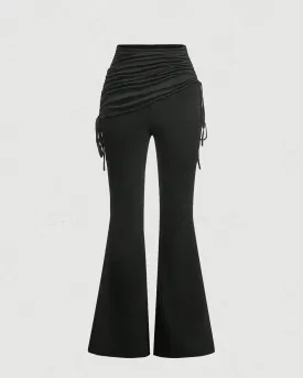 Drawstring Side Flare Leg Pants In Black