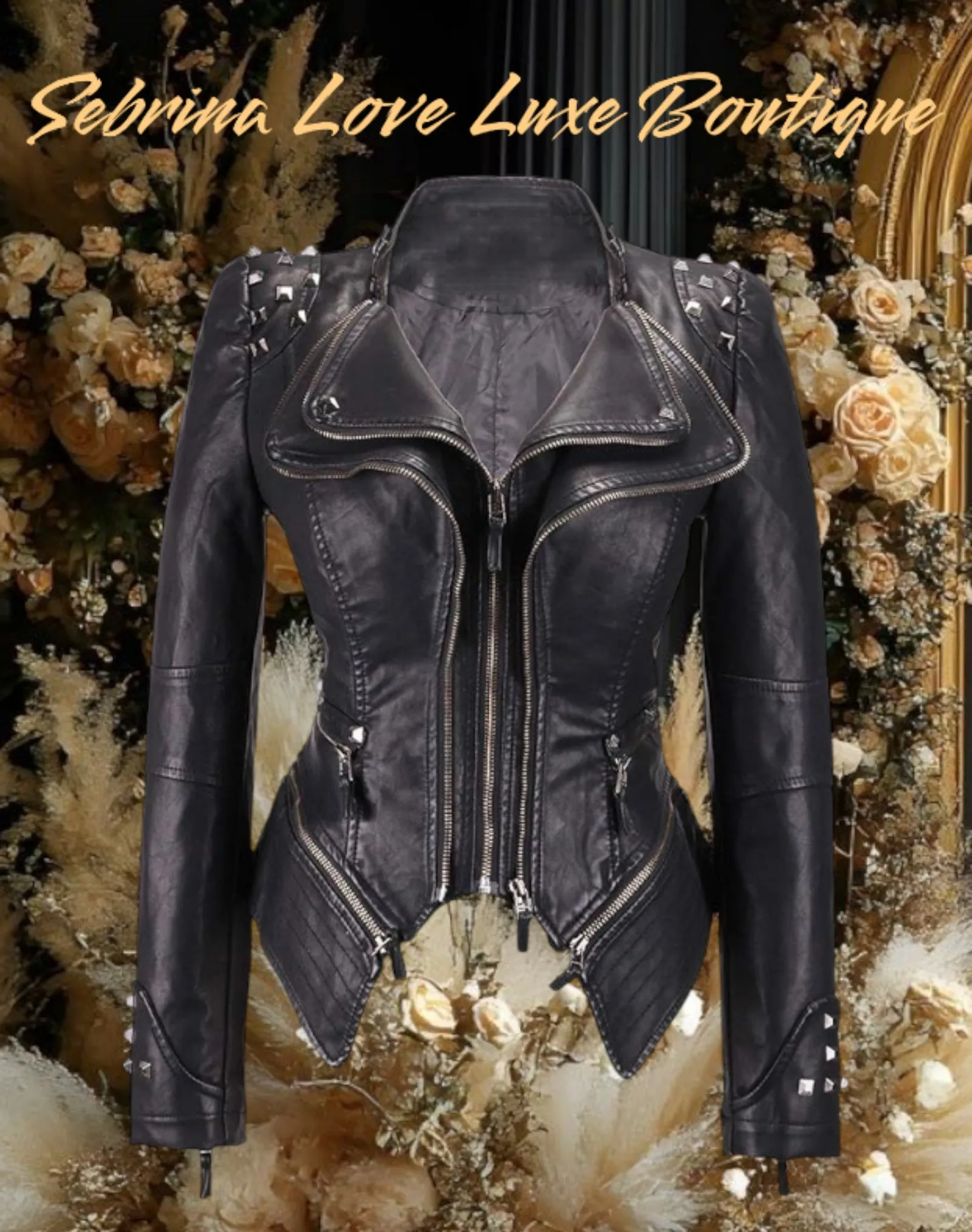 Edgy Black Studded Faux Leather Rocker Biker Jacket